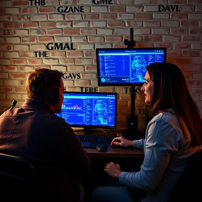 Dwoje dziennikarzy w małym poznańskim newsroomie przy podwójnych monitorach w chłodnym świetle indygo